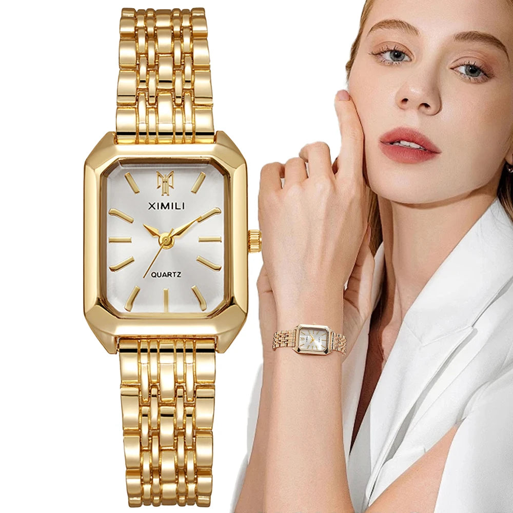 Women's Luxury Square Quartz Watch – Gold Plated Stainless Steel 