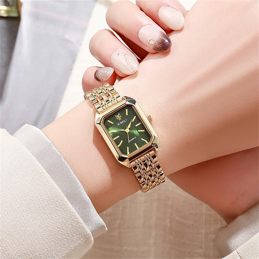 Women's Luxury Square Quartz Watch – Gold Plated Stainless Steel 
