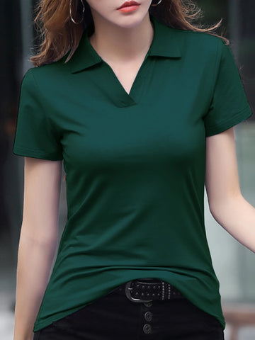 Women's Solid Color Short-Sleeve Polo – Summer Casual Knit Top